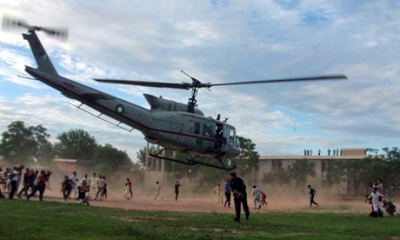 A Pakistani air force helicopter carries Rimsha Masih away from prison after her release in September. Photograph: Md Nadeem/EPA